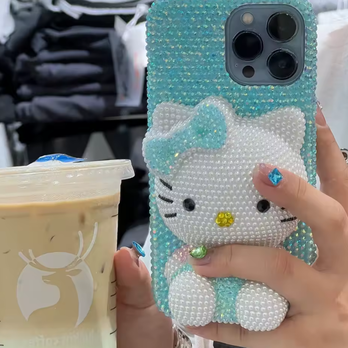 Aqua Blue Kitty Rhinestone Phone Case