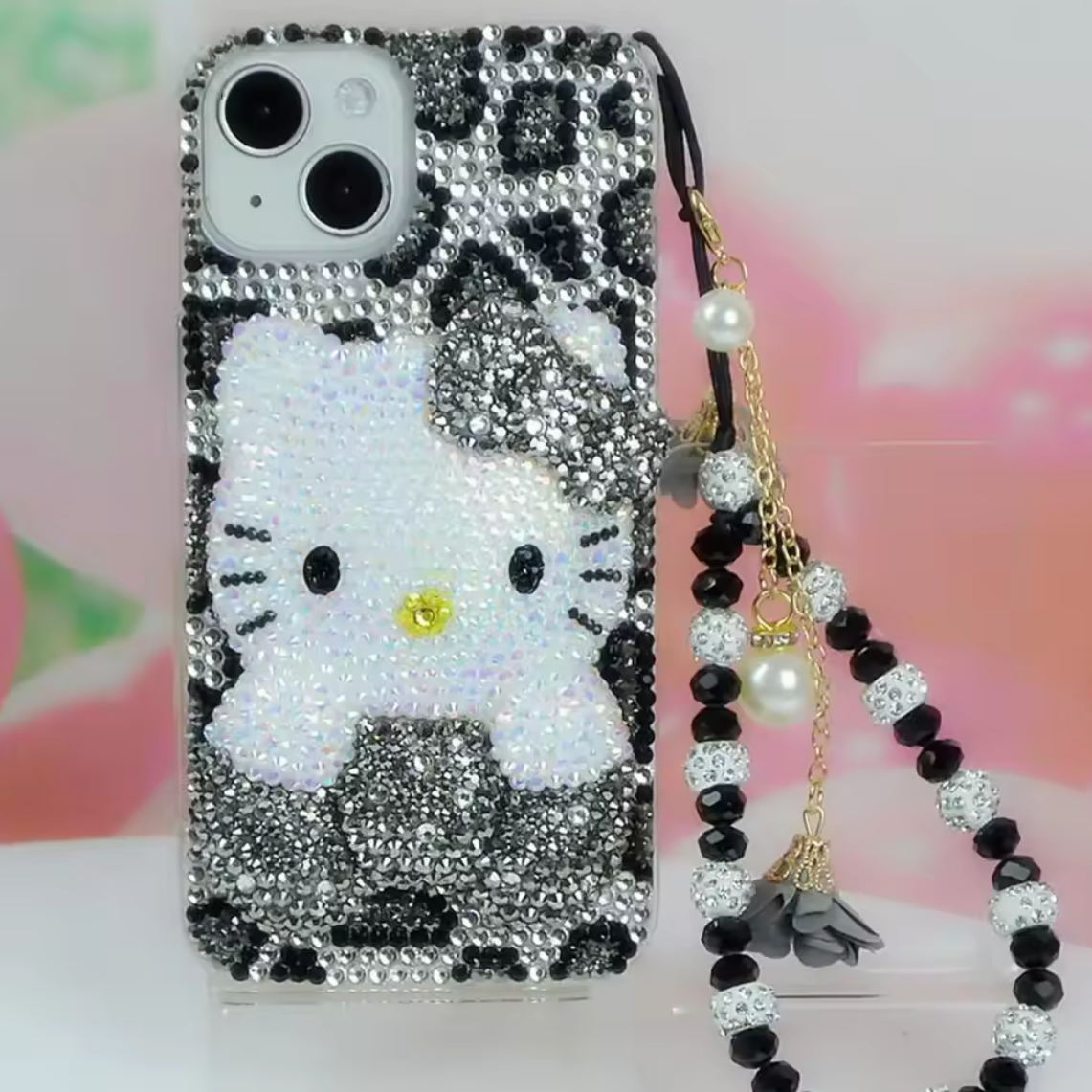 Black and White Leopard Bedazzle Kitty Phone Case