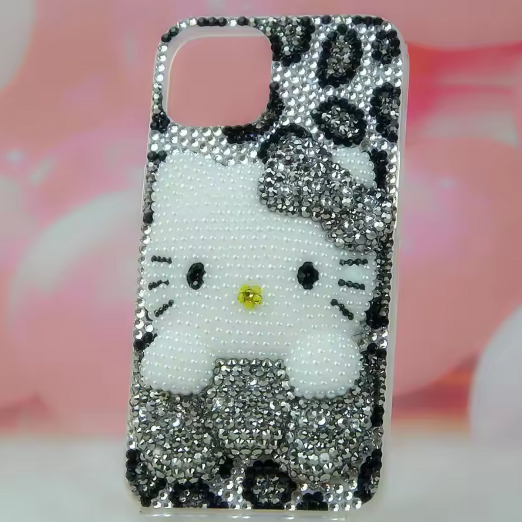Black and White Leopard Bedazzle Kitty Phone Case